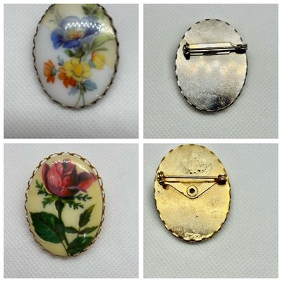 Brooches vintage Floral Rose Blue Flower, White, Silvertone, Gold Tone, Oval