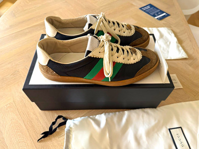 Gucci G74 Herren Low Top Sneaker Leder schwarz/beige Webstreifen EU 43 US 9
