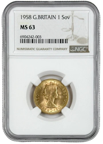 1958 Great Britain Gold 1 Sovereign Coin 0.2354 oz NGC MS 63