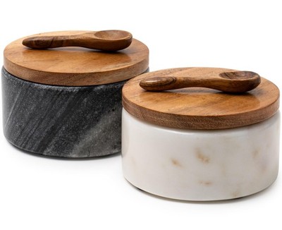 Cork & Mill Marble Salt Pig with Wood Lid Premium Kitchen Salt Cellar