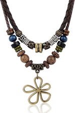 Multi-Layer Wood Bead Necklace with Hollow Flower Earrings, Boho Hippie Necklace