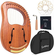 Lyre Harp, 16 Metal Strings Iron Saddle Mahogany Lyre Harp with Tunning Wrench,
