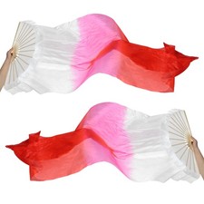 1 Pair 16 Fan Folding Belly Dance Silk Fan Veil 47", White Rose Bright Red