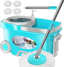 FunClean Spin Mop and Bucket,Mop Blue Bucket with 4 Extra Refills, 