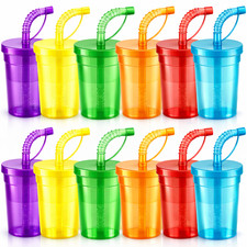 12 Kinderbecher Trinkbecher mit Deckel & Strohhalm Kunststoff Becher Mehrweg