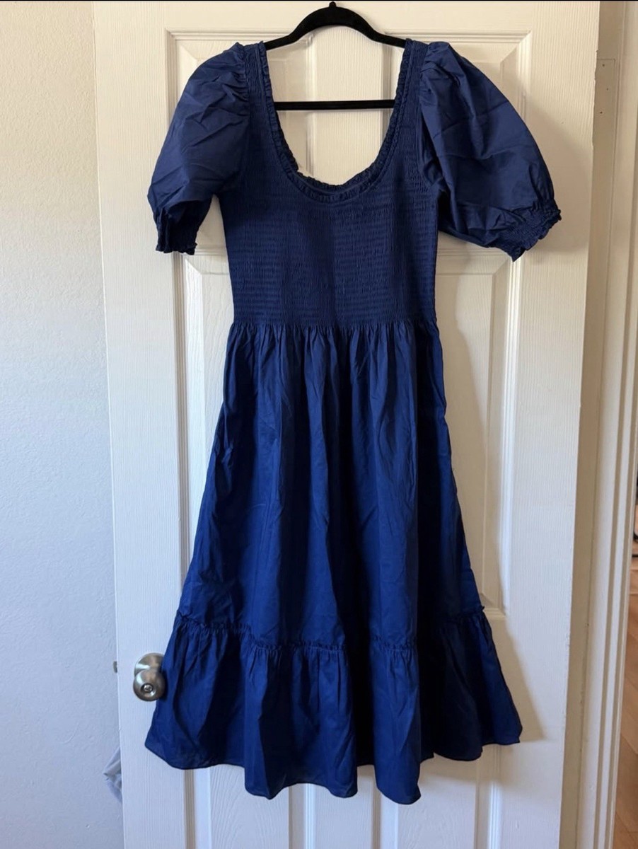 ワンピース house on the hill Puff Sleeve Dress 110 Hill House Home Nap Dress Blue Solid Smocked Puff Sleeve Square