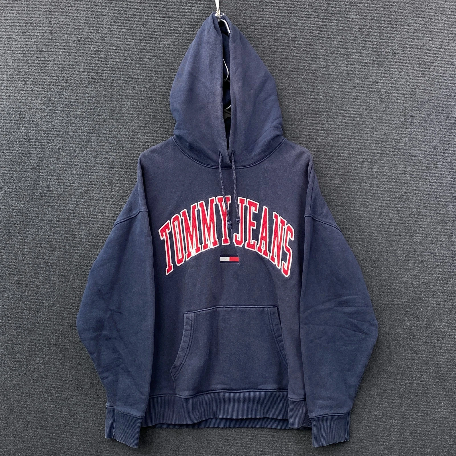 Tommy Hilfiger Mens Pullover Hoodie Navy Fleece Embroidered Spell Out Logo Sz L