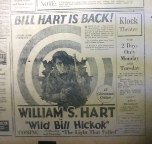 APR 6, 1924 NEWSPAPER #1740- WILLIAM S. HART IN "WILD BILL HICKOCK" MOVIE AD