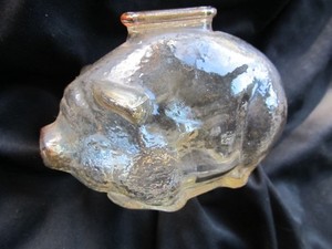 Vintage Small Carnival Glass Piggy Bank / Anchor Hocking / Amber
