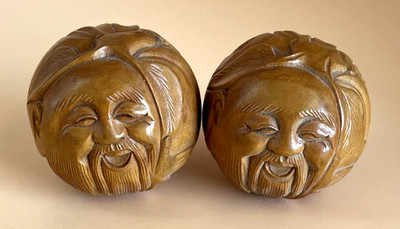 Vintage Boxwood Ball Shaped Hand Carved Wooden Pair of Netsuke Figurines