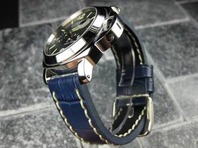 Bracelet Cuir BIG CROCO 24mm Bleu Et Blanc Pour Montre PANERAI - Neuf Sans étiquette, Cuir Grainé Crocodile
