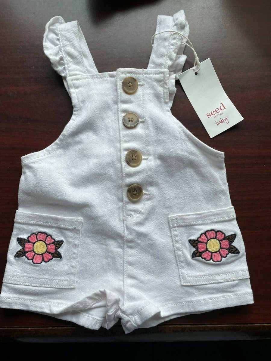 SEED HERITAGE BABY SHORT OVERALLS GIRLS FLORAL 0-3 MOS WHITE NEW
