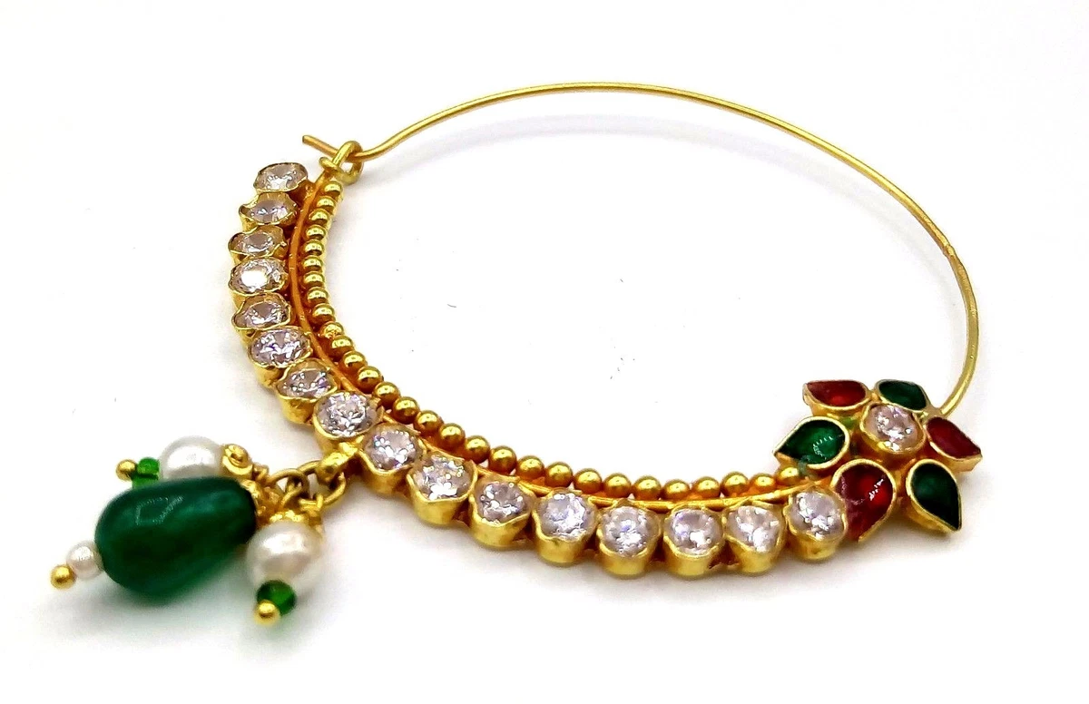 ANTIQUE STYLE GOLD FABULOUS CUBIC ZIRCONIA NATH INDIAN BRIDAL NOSE PIN NOSE RING