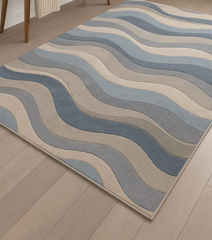 Alfombra de lana acolchada a mano con patrón ondulado moderno azul, beige y gris para sala de estar Foto 3 de 4