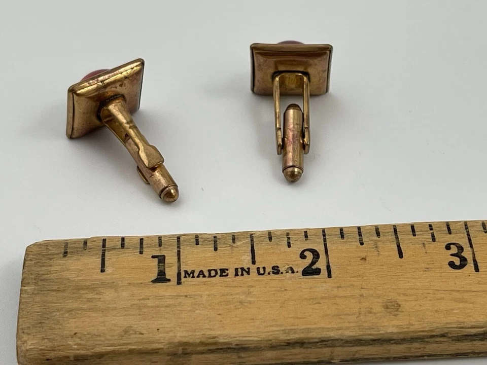 Vintage Manschettenknöpfe PIONEER roter Stein rund goldfarben Art Deco Cuff Links - Bild 4 von 4