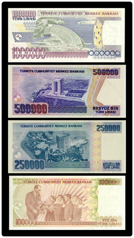 TURKEY 1,000,000 500,000 250,000 100,000 LIRA 4 Pcs 1997-2002 UNC BANKNOTE SET - Image 2 of 4