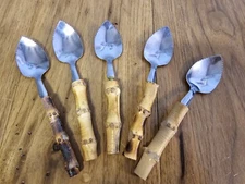 Set Of 5 Stainless Steel & Bamboo Grapefruit Spoons Made In Taiwan