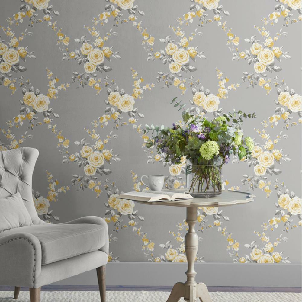 Catherine Lansfield Canterbury Grey Ochre Floral Wallpaper Yellow White