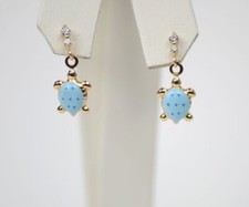 14K Solid Yellow Gold Turtle Enamel Dangle Screw Back Baby Earrings