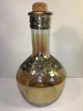 Vintage Decanter Amber Irridedesant With Metal Trim Around Top Bottom Of Neck