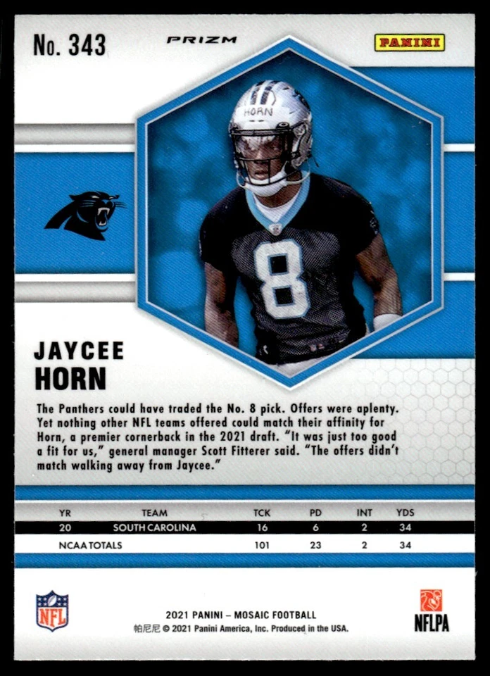 2021 Panini Mosaic SILVER PRIZM Jaycee Horn Rookie Carolina Panthers #343 - Image 2 of 2