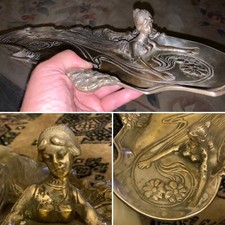 RARE C1900 Art Nouveau HEAVY Polished Pewter Tray LADY IN RELIEF With Flowers