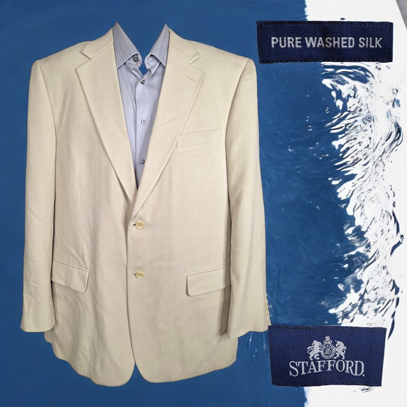 Stafford Jacket Blazer Mens 44L Beige Silk Single Vented