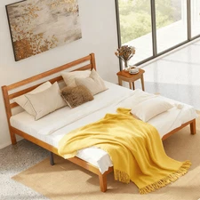 4 Sizes Solid Wood Bed Frame w/ Headboard Walnut Finish Wood Slat Support System