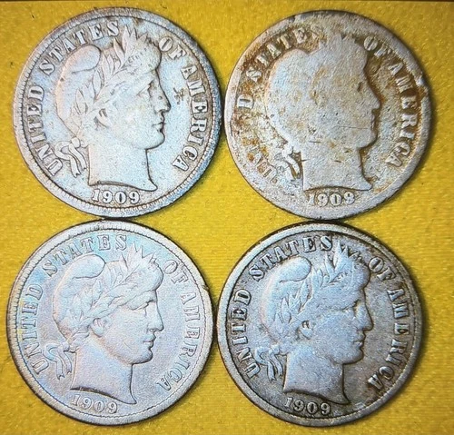 1909p, 1909d, 1909o, 1909s, Barber Silver Dime, (4 Coins Total)