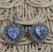 Women's Vintage FAS Sterling Silver Marcasite & Amethyst Heart Dangle Earrings