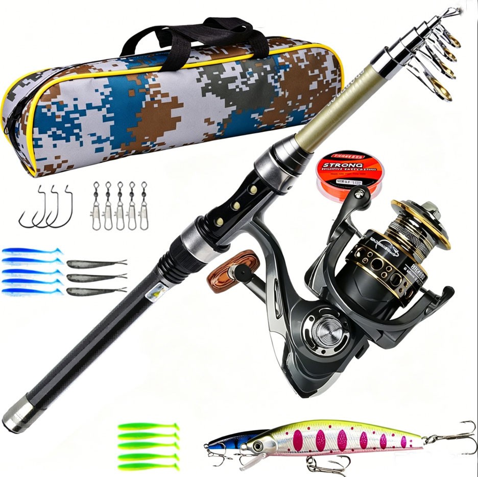 Carbon Fiber Telescopic Fishing Rod Pole Reel Combo Sea Saltwater Freshwater