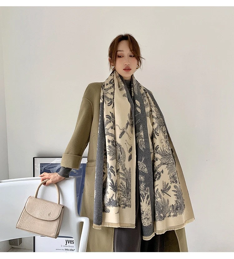 Neutral Toile De Jouy Print Scarf Shawl Wrap Winter Warm Long Reversible - Image 3 of 4