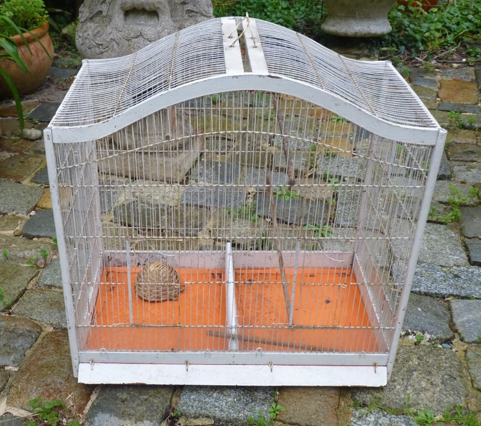 Large Bird CAGE Antique Wood Lacquered Metal White Good Condition 65X66X3