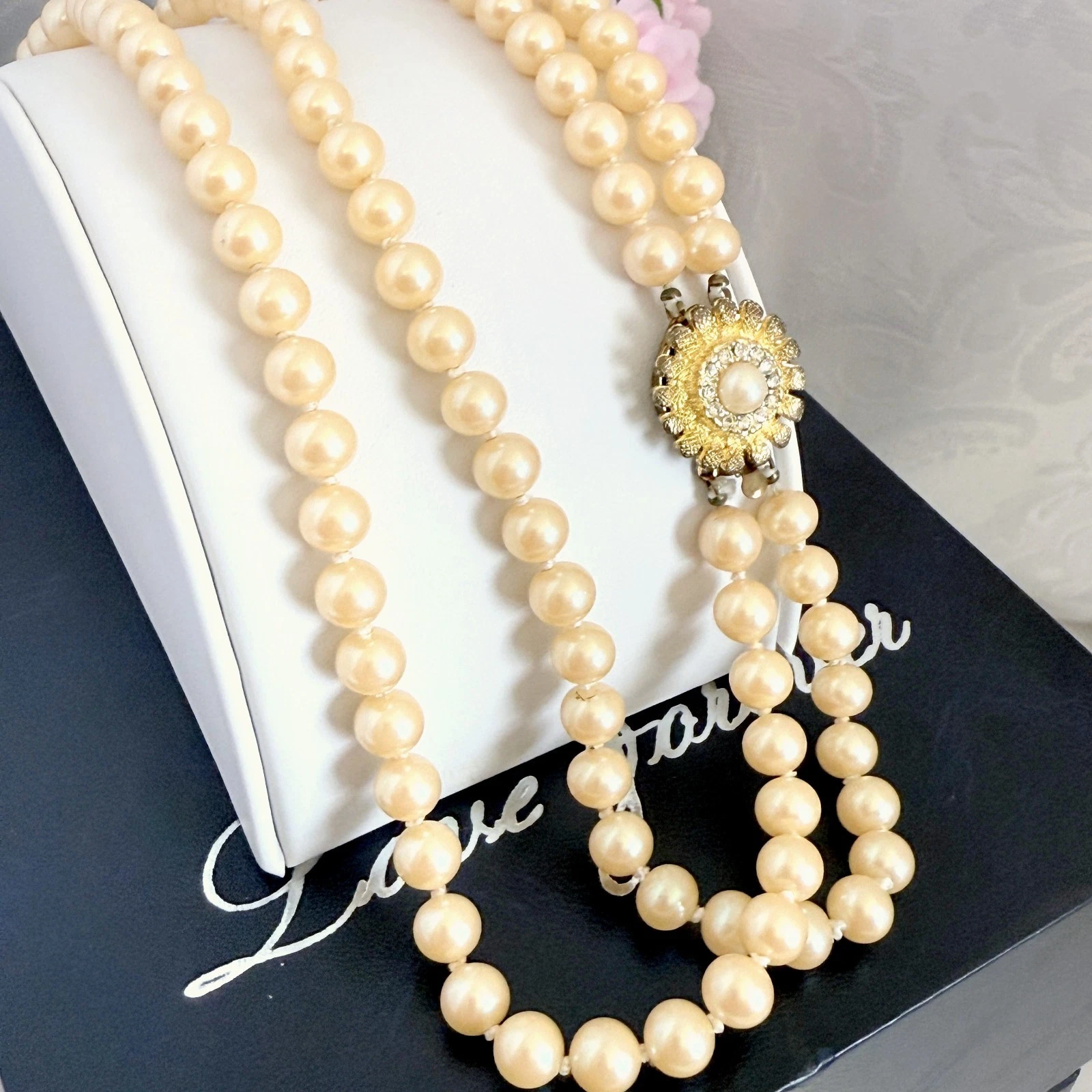 OFF WHITE Collana perle vetro doppio filo pesante vintage made in Japan bianco sporco 92 grammi