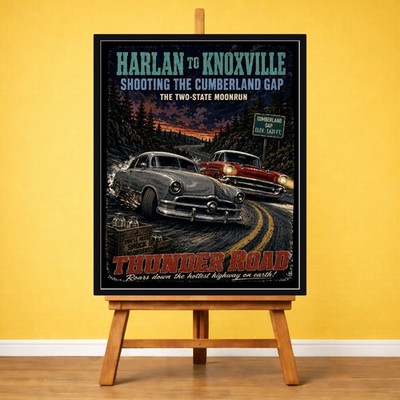 Thunder Road Movie Retro Poster | Bootlegger Moonshine Car Chase Wall Art Print