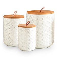 White Ceramic Canister Set with Wooden Lids 3Piece Airtight Food Storage Ja...