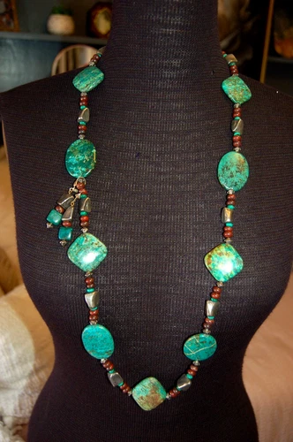 Beautiful Turquoise & Wooden Beaded Statement Necklace 36" Around w/ Earrings