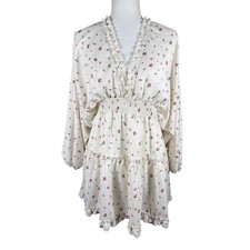 Blush Mark Cream Pink Floral Ruffle V-Neck Smocked Mini Dress 1005943 Small