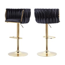 Black Velvet Bar Stools Set of 2 - Adjustable Swivel Counter Height Chairs