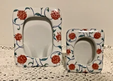 Two Vintage Ashibi Japan Porcelain Red Floral Photo Frames 5.5 X4.5 & 3.5 X 3"
