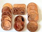 Lot of 14 Mix - 1oz.  .999 COPPER ROUNDS & BARS (2 Bank Notes)