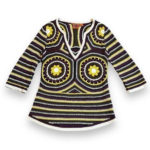 Tory Burch Top Colorful Crochet Retro 70s Pullover V Neck Mod Print Women's XS