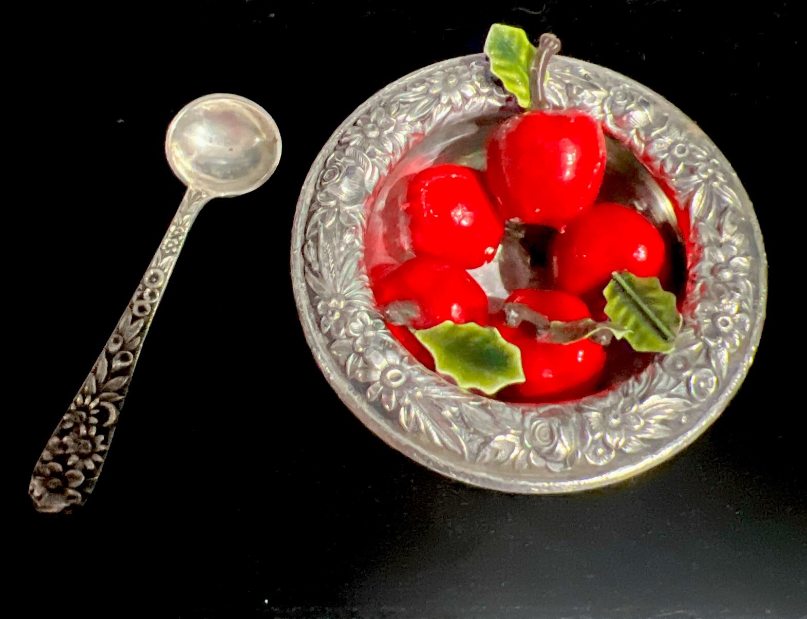 Repousse  S. Kirk & Son Sterling Silver Open Footed Salt Dish 3.25 With Spoon