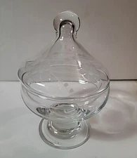 Vintage Footed Clear Covered Candy Dish, Etched With Floral Pattern