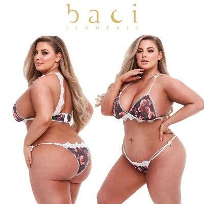 COMPLETO INTIMO Floreale XL grau Blumen & Spitze BH Set Tanga mit seitlicher Bindung Q