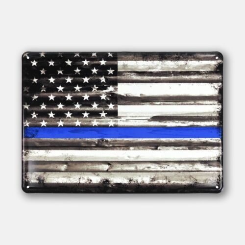 13.5" X 9.5" Thin Blue Line Flag Law Enforcement Police Aluminum Embossed Tacker - Picture 1 of 6