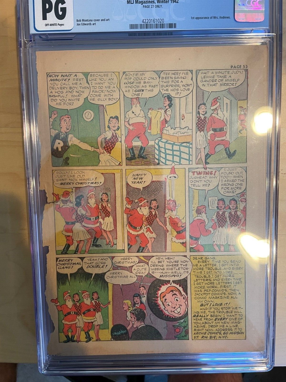 ARCHIE COMICS #1 CGC (Page 27 only) Featuring Archie Jughead Panels 1942 C/OW