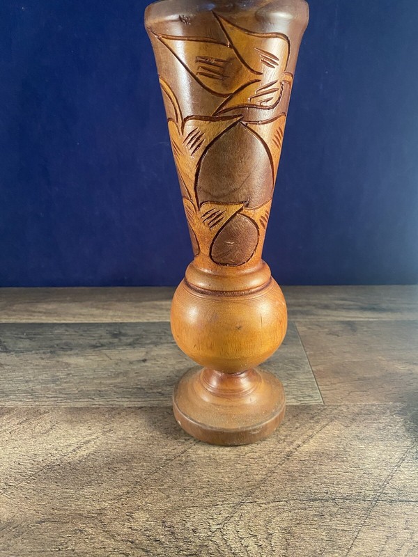 Vintage Brown Hand Crafted/Carved/Turned Wooden Flower Vase 9.75”H x 3.25”Dia