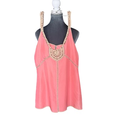 Bohemian-Style Pink Sleeveless Tank Top With Crochet Lace Detailing & Adjustable