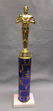 male achievement with wreath trophy award theme blue column marble base